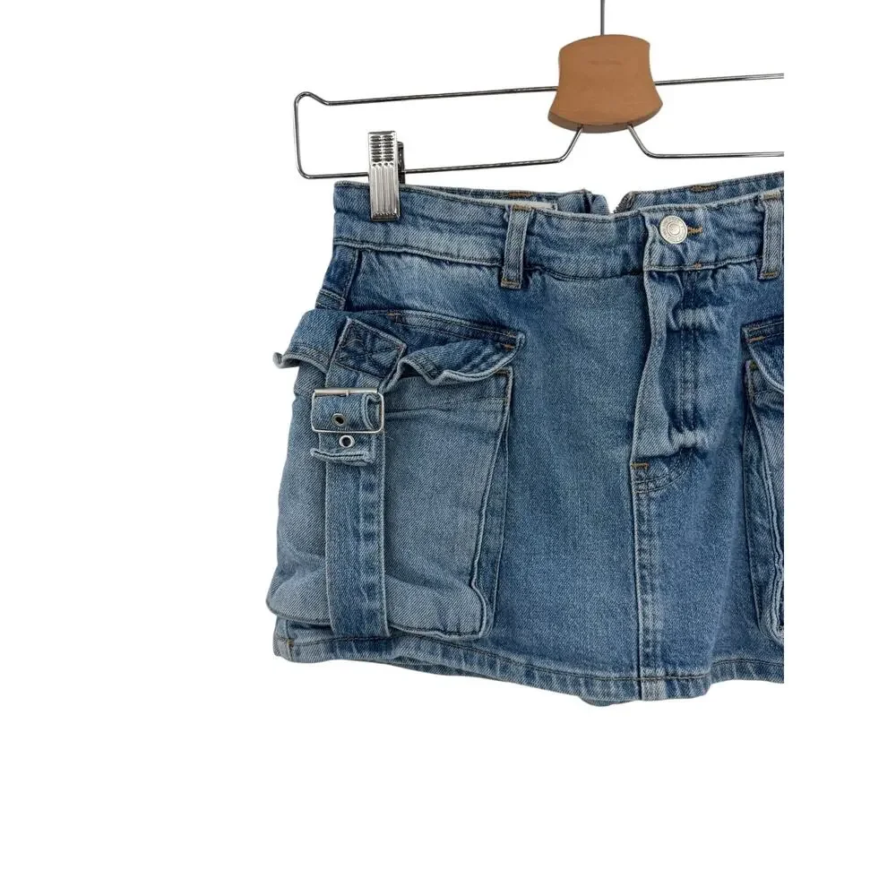Free‎ People Denim Cargo Mini Skort Utility Pocket Buckle Blue Size 25